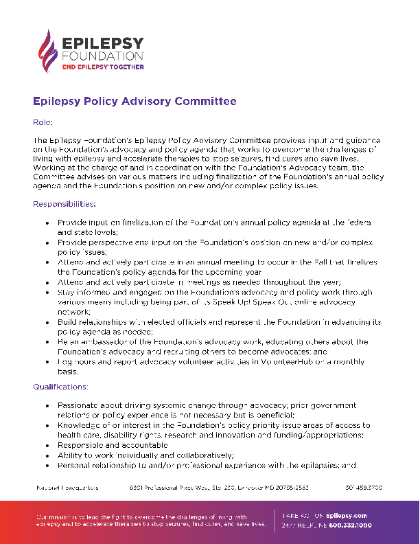 Epilepsy Policy Advisory Committee Role Description